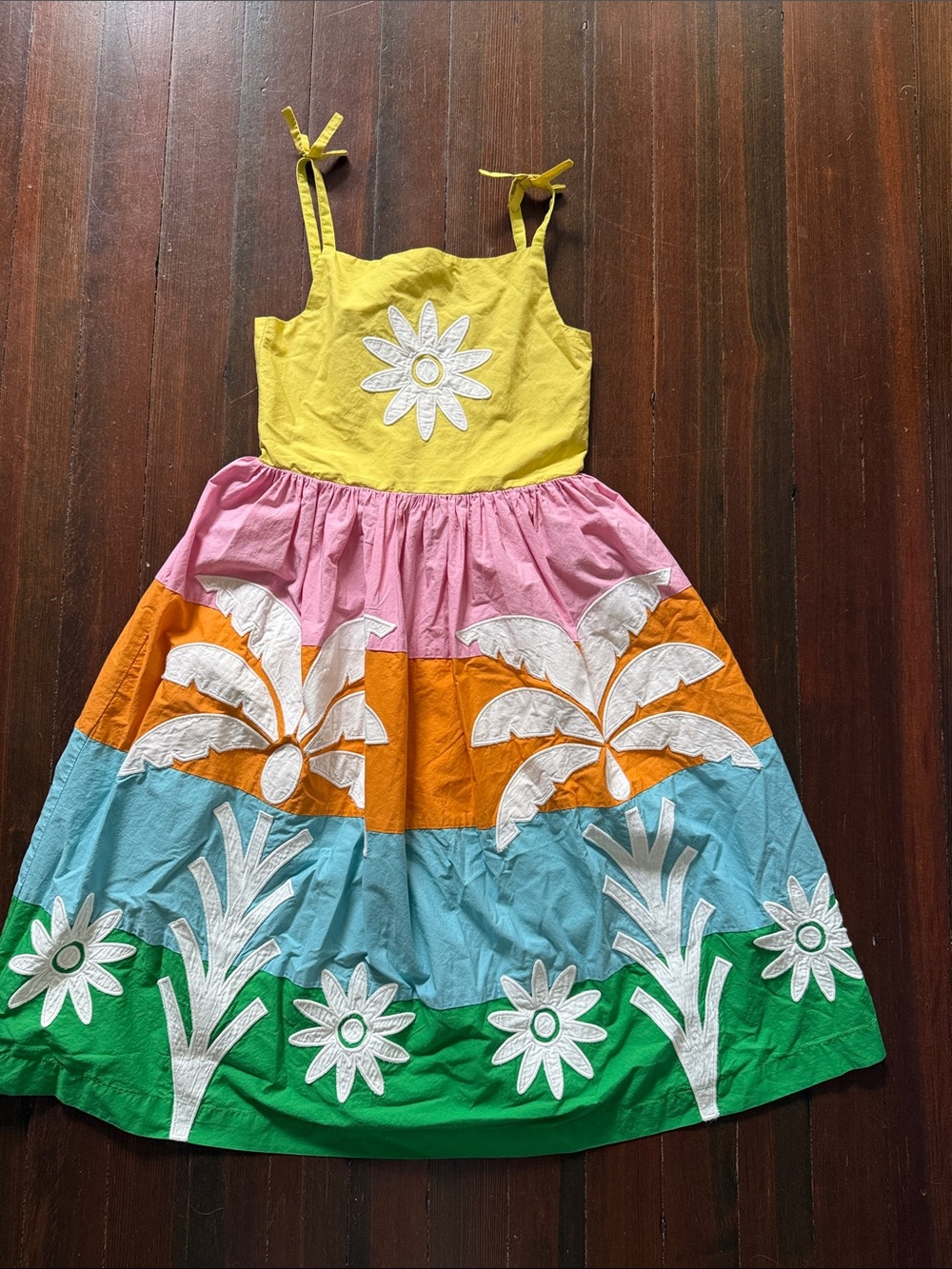 Mini Boden Yellow Tie-Shoulder Dress with Pink, Orange, Blue & Green Panels